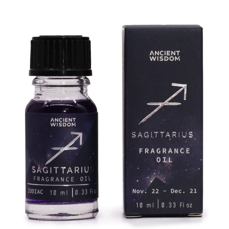 The Window, Milford Haven Sagittarius zodiac fragrance oil in a 10ml bottle with dark liquid and silver star glitter.