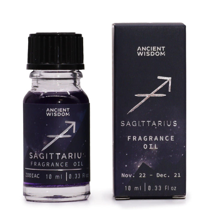 The Window, Milford Haven Sagittarius zodiac fragrance oil in a 10ml bottle with dark liquid and silver star glitter.