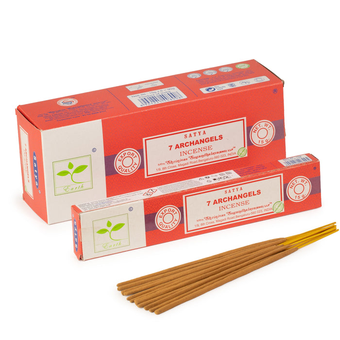 The Window, Milford Haven Satya 7 Archangels incense sticks in red packaging with bamboo sticks on a white background