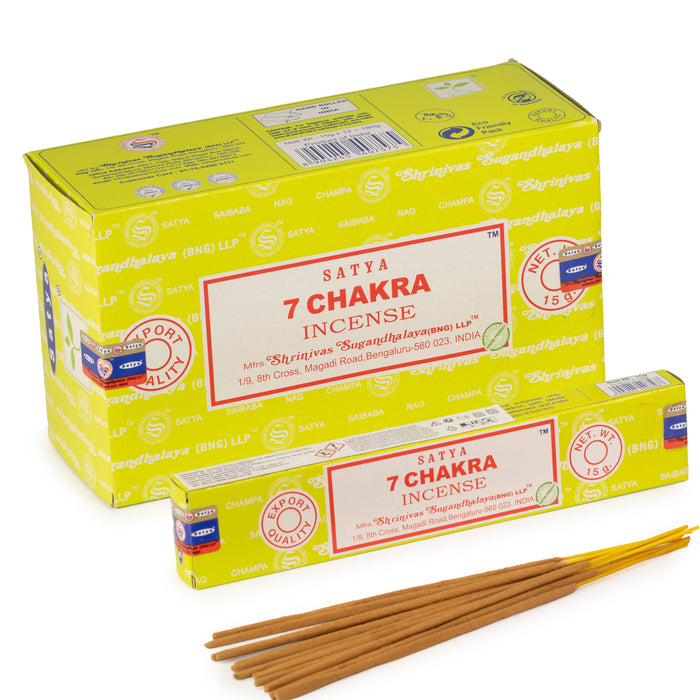 The Window, Milford Haven Satya 7 Chakra incense sticks in yellow packaging with a box of 15g sticks and loose incense