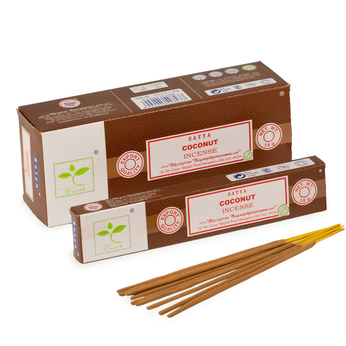 The Window, Milford Haven Satya Coconut incense sticks with brown packaging boxes on a white background.