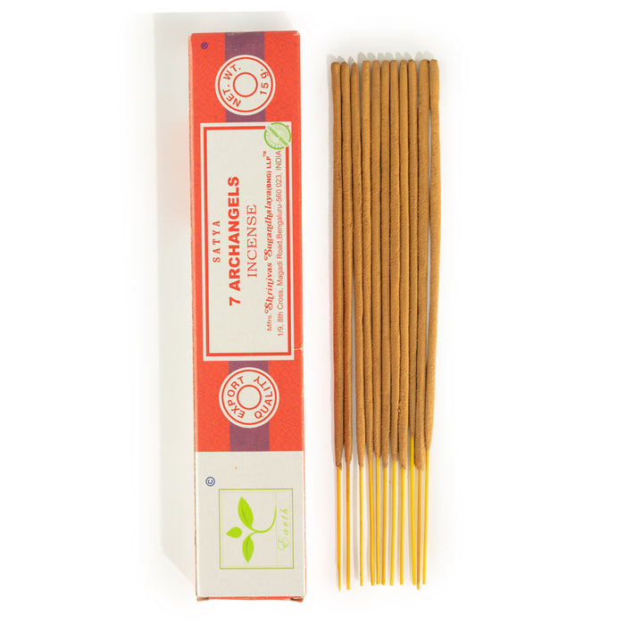 The Window, Milford Haven Satya 7 Archangels incense sticks in a red and white box with hand-rolled bamboo sticks.