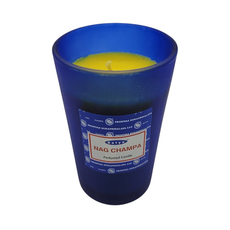 The Window, Milford Haven SATYA Nag Champa scented soy wax candle in a frosted blue glass jar