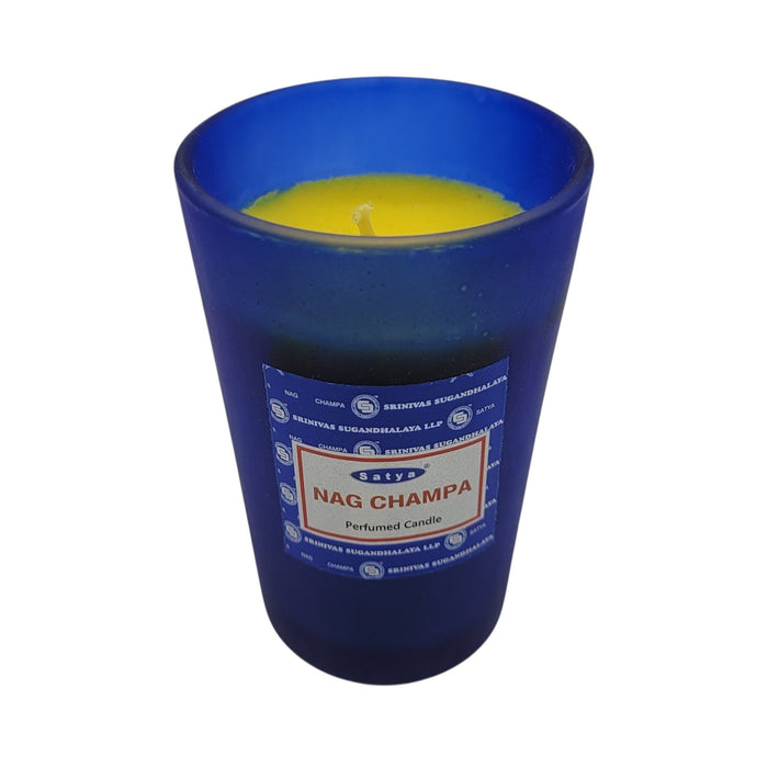 The Window, Milford Haven SATYA Nag Champa scented soy wax candle in a frosted blue glass jar