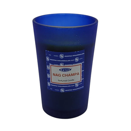 The Window, Milford Haven SATYA Nag Champa scented soy wax candle in a frosted blue glass jar