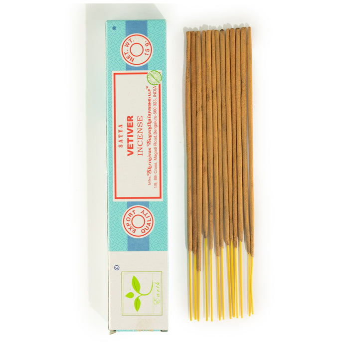 The Window, Milford Haven Satya Vetiver incense sticks in a blue and white box with hand-rolled bamboo sticks.