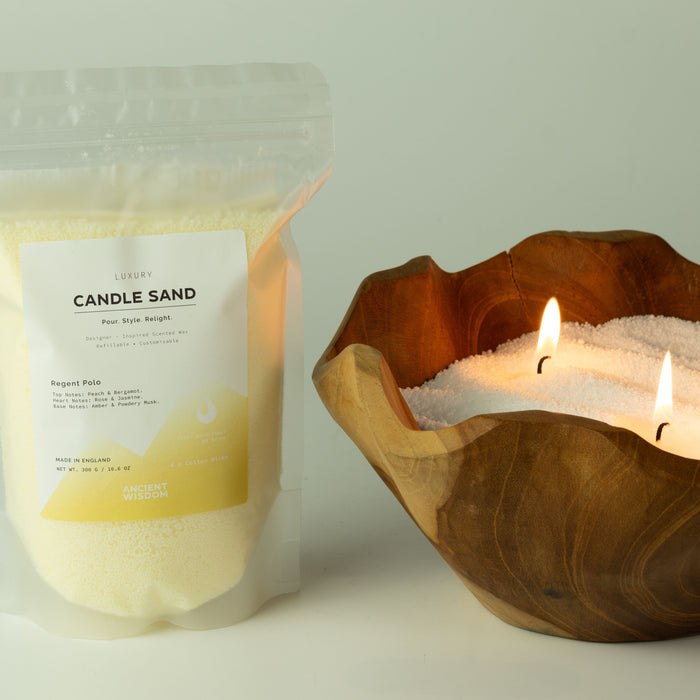 The Window, Milford Haven Blush Bloom fragranced candle sand in a wooden bowl with a refill pouch of stearic wax beads