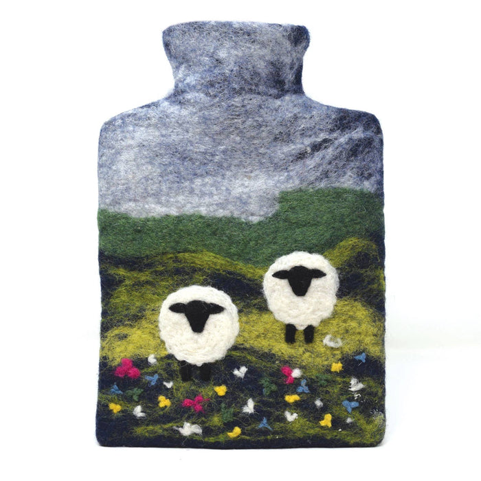 The Window, Milford Haven handmade wool felt hot water bottle featuring a sheep and countryside landscape design