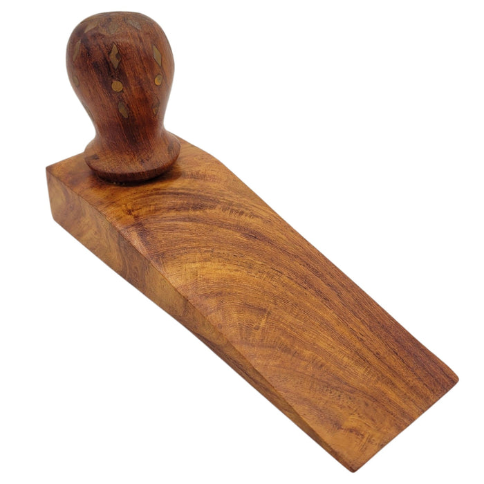 The Window, Milford Haven Song Of India sheesham wood door stopper with decorative brass inlay and handle