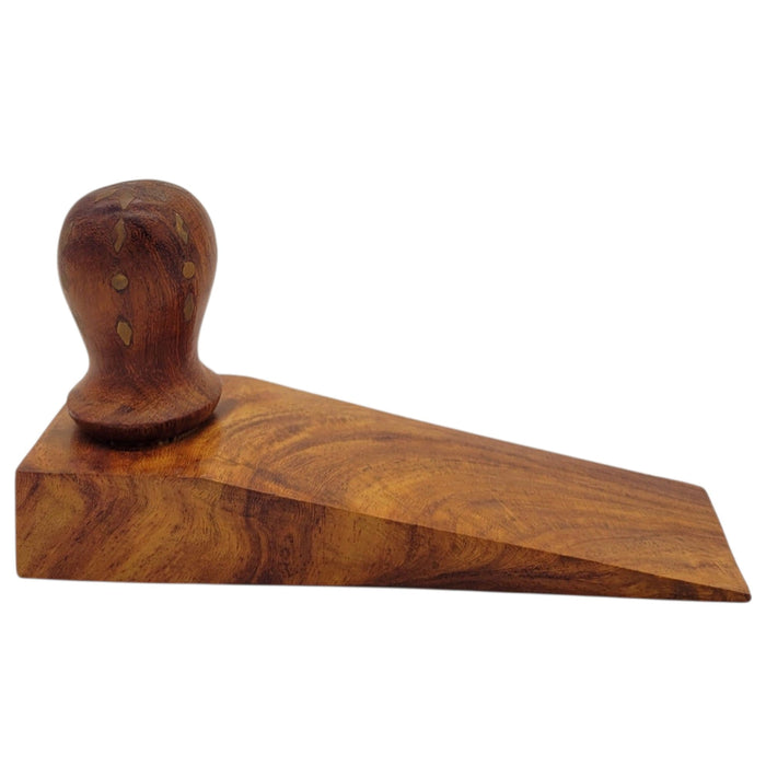 The Window, Milford Haven Song Of India sheesham wood door stopper with decorative brass inlay and handle