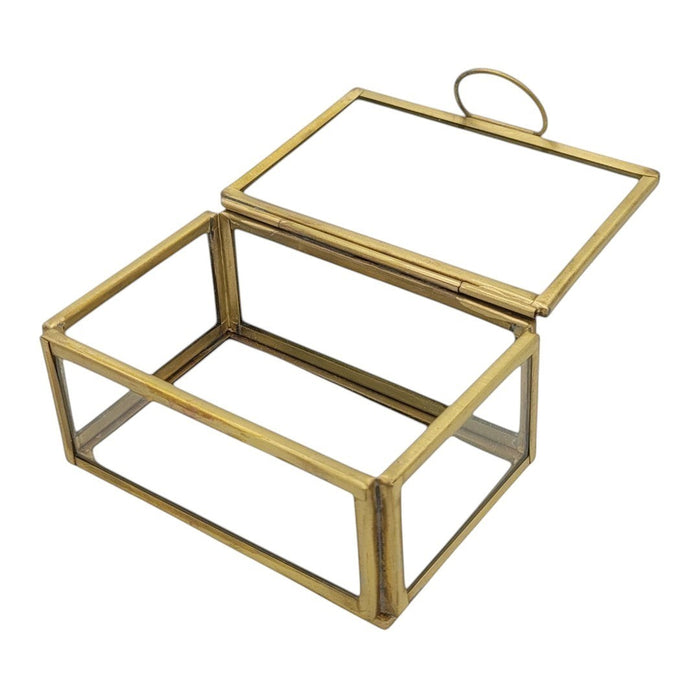 The Window, Milford Haven small rectangular jewellery box with clear glass panels and an antique brass metal frame.