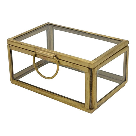 The Window, Milford Haven small rectangular glass and brass jewellery box with a circular metal ring handle.