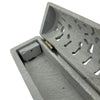 The Window, Milford Haven grey soapstone incense stick holder box with intricate floral cutouts and a hinged lid.