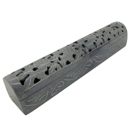 The Window, Milford Haven hand-carved grey soapstone incense stick holder box with intricate floral cutouts