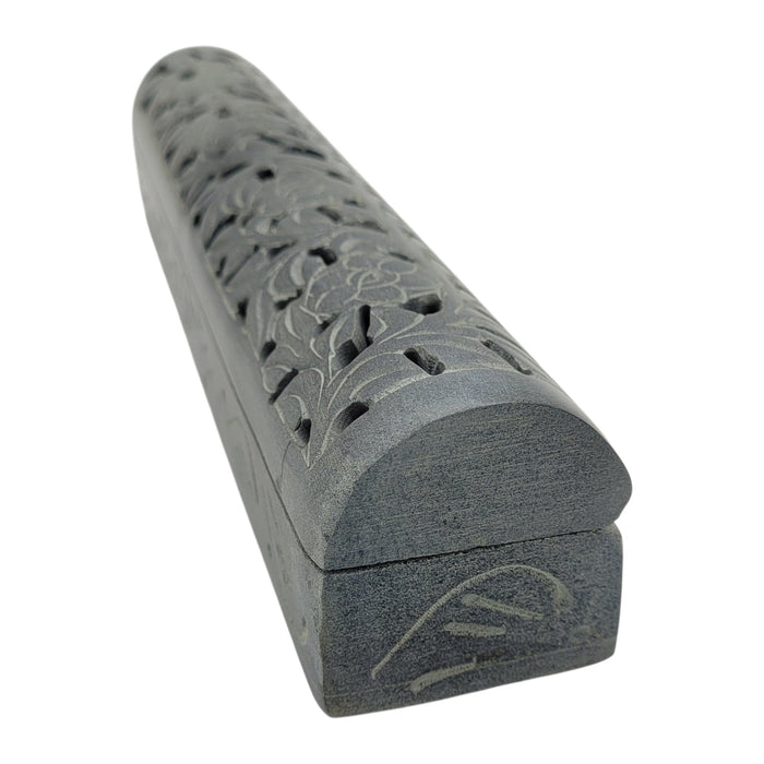 The Window, Milford Haven grey soapstone incense stick holder box with intricate hand-carved floral patterns.