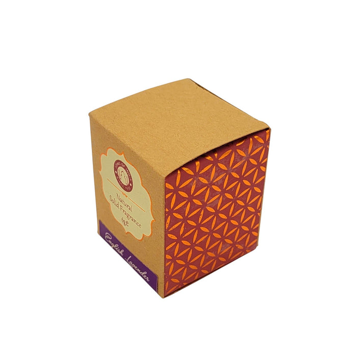 The Window, Milford Haven Song Of India English Lavender solid perfume in an eco-friendly patterned cardboard box.