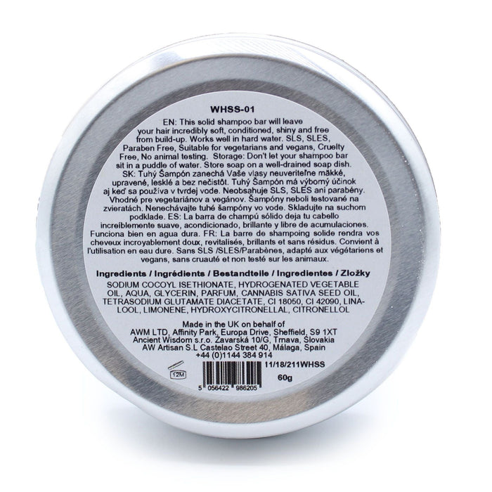 The Window, Milford Haven Wild Hare solid shampoo tin base showing ingredients and usage instructions in multiple languages