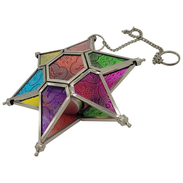 The Window, Milford Haven multi-coloured glass and iron star hanging lantern with tea light holder