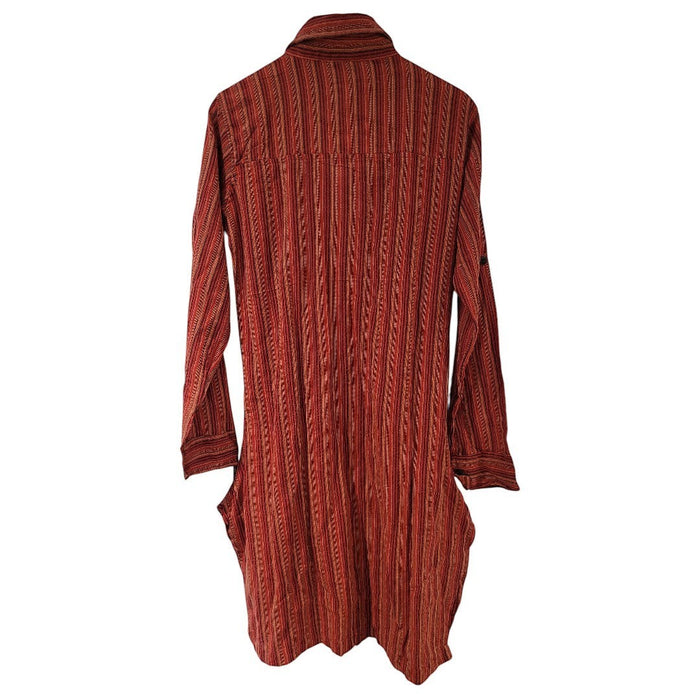 The Window, Milford Haven red and orange striped cotton long-sleeved shirt dress with side pockets, back view.