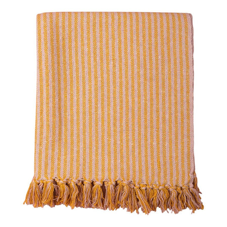 The Window, Milford Haven recycled cotton throw in pale pink and mustard stripes with decorative tasselled fringe.