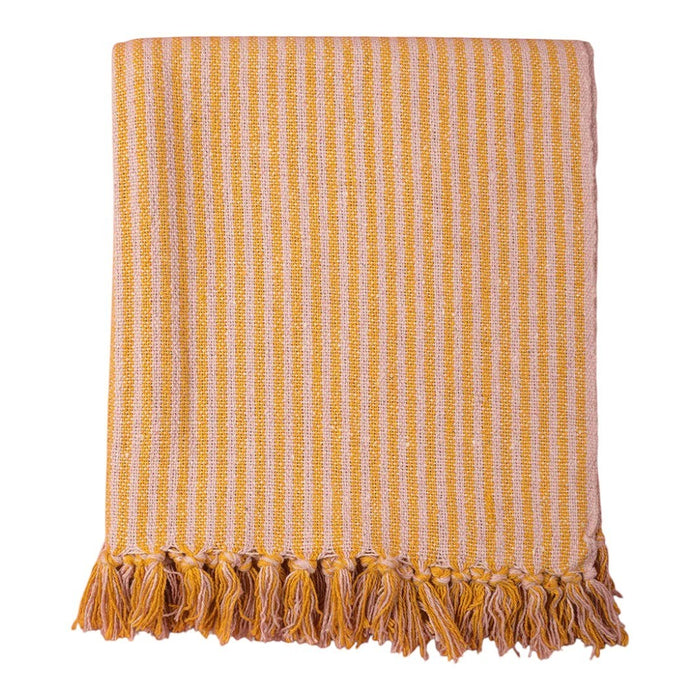 The Window, Milford Haven recycled cotton throw in pale pink and mustard stripes with decorative tasselled fringe.