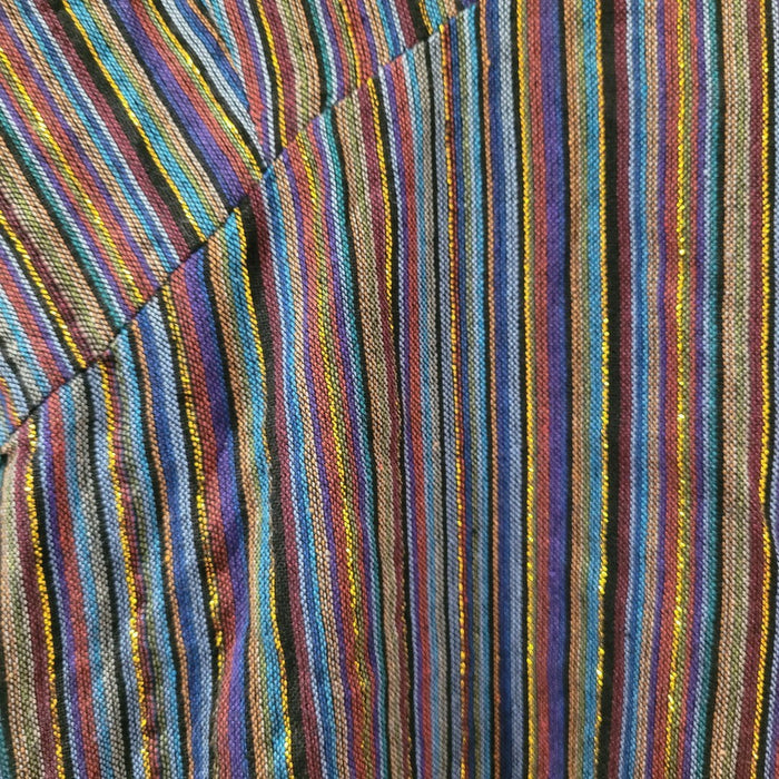 The Window, Milford Haven blue and purple striped cotton tunic dress fabric with shimmering gold lurex thread detail.