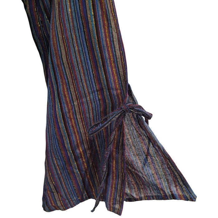 The Window, Milford Haven blue and purple striped cotton tunic sleeve with gold lurex shimmer and tie detail.
