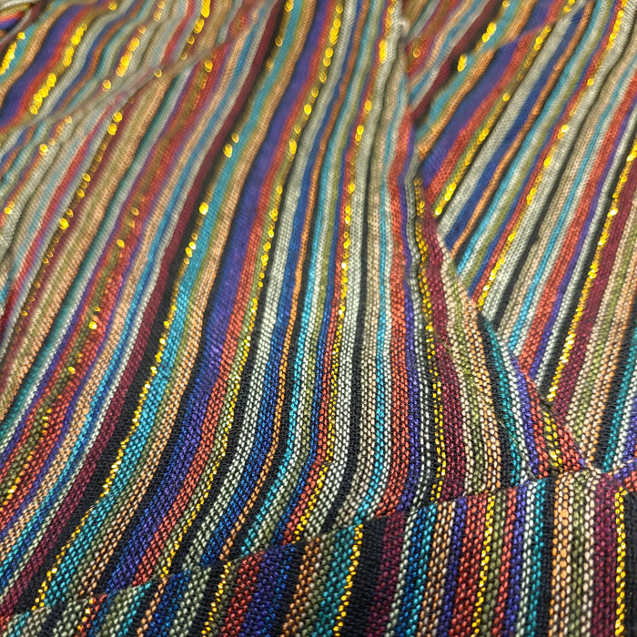 The Window, Milford Haven green and brown striped cotton tunic dress with shimmering gold lurex thread detail.