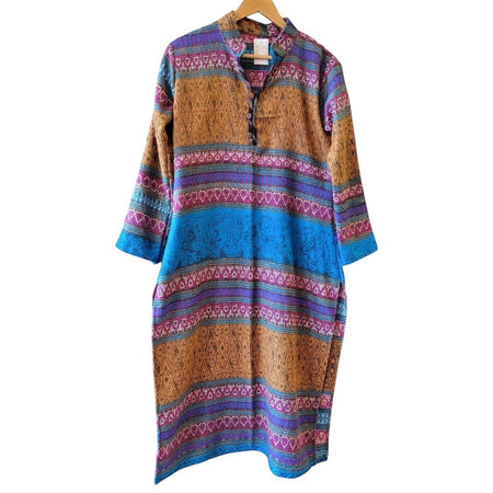 The Window, Milford Haven tapestry style maxi shirt dress in tan and turquoise viscose with ethnic patterned stripes.