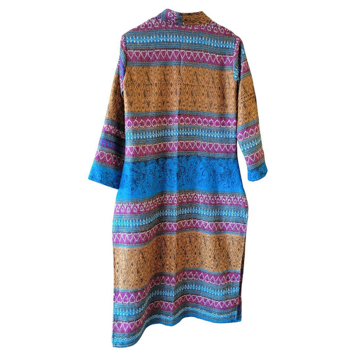 The Window, Milford Haven tapestry style maxi shirt dress in tan and turquoise viscose with ethnic patterned stripes.