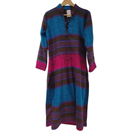 The Window, Milford Haven tapestry style maxi shirt dress in turquoise and pink viscose with a collarless design.