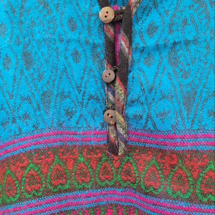 The Window, Milford Haven tapestry style viscose shirt dress in turquoise and pink with a three button collarless neck