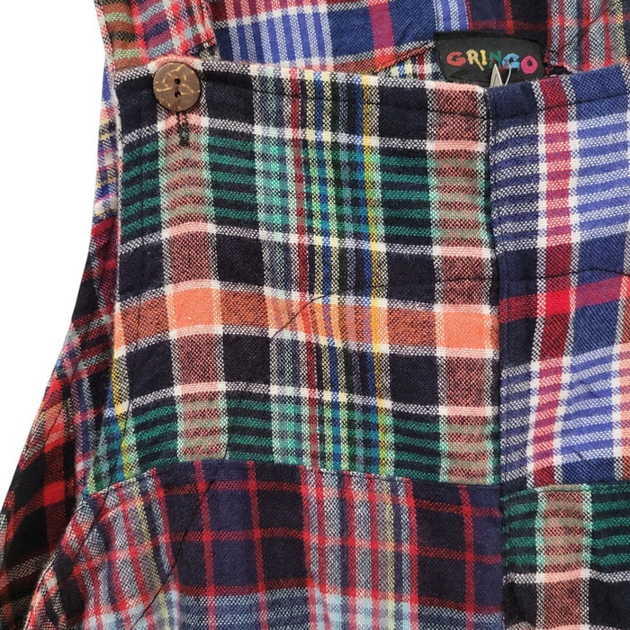 The Window, Milford Haven Gringo Fairtrade brushed cotton pinafore dress in a colourful multi-check tartan pattern.