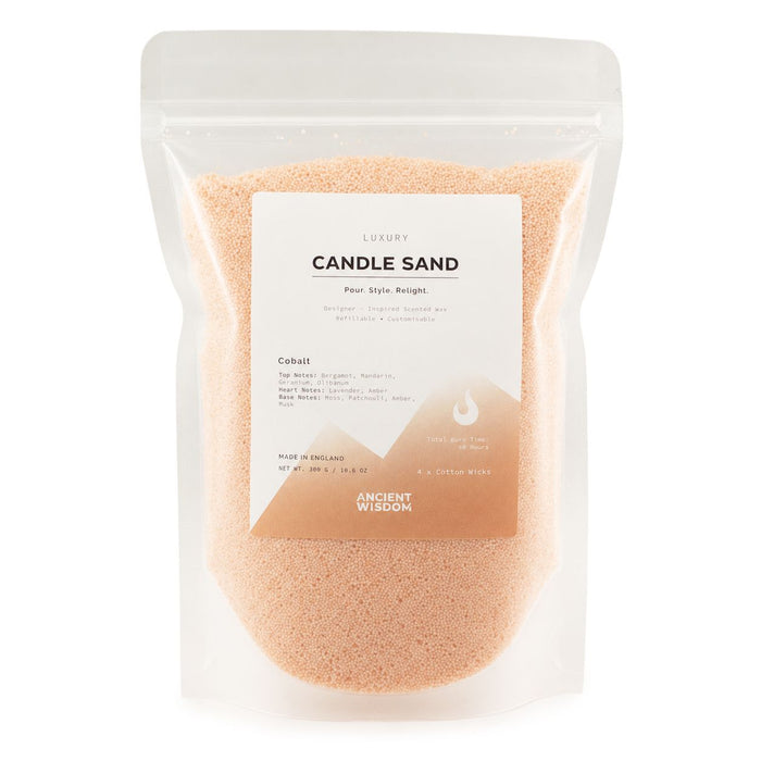 The Window, Milford Haven Cobalt fragranced taupe-orange candle sand in a 300g refillable stearic wax pouch.