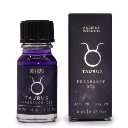 The Window, Milford Haven Taurus zodiac fragrance oil in a 10ml purple bottle with matching box and star-like glitter.