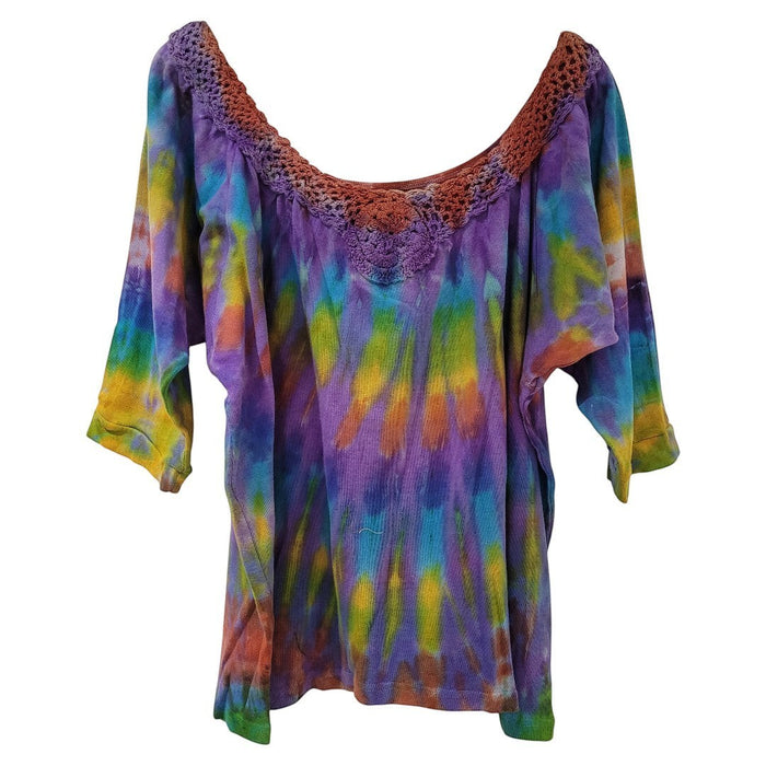 The Window, Milford Haven tie-dyed cotton off-the-shoulder top with a decorative crocheted neckline and loose fit.