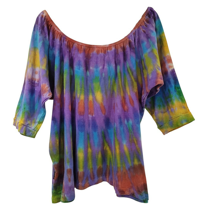 The Window, Milford Haven tie-dyed cotton off-the-shoulder top with crochet neckline detail and mid-length sleeves.