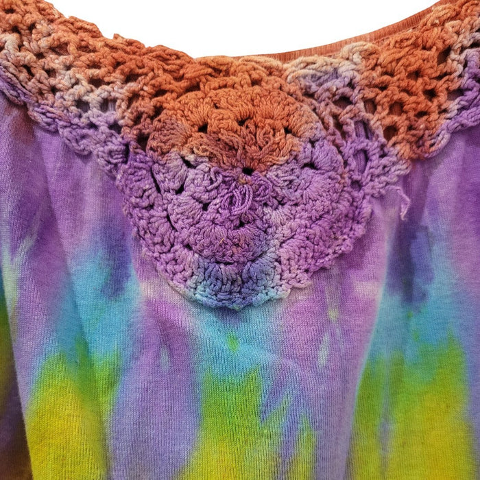 The Window, Milford Haven tie-dyed cotton off-the-shoulder top with a decorative crocheted neckline detail.