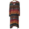 The Window, Milford Haven GRINGO fairtrade midi dress in multi-coloured tie-dyed cotton with long sleeves and V-neck.