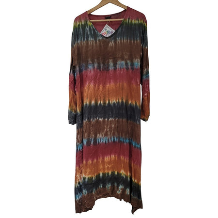 The Window, Milford Haven GRINGO fairtrade midi dress in multi-coloured tie-dyed cotton with long sleeves and V-neck.