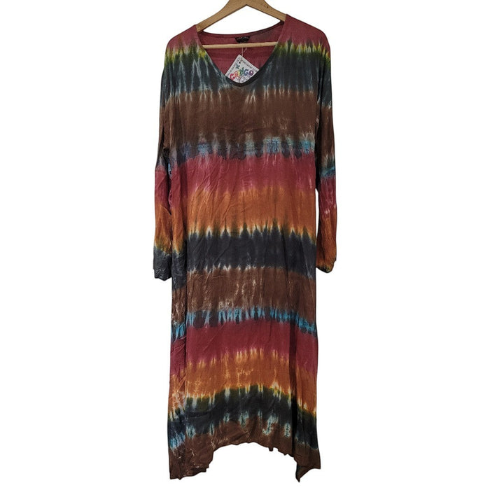 The Window, Milford Haven GRINGO fairtrade midi dress in multi-coloured tie-dyed cotton with long sleeves and V-neck.