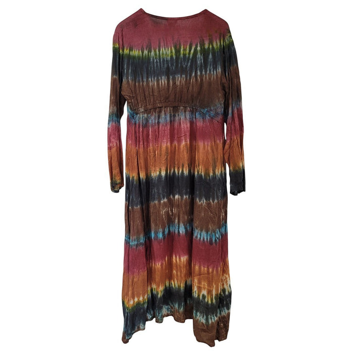 The Window, Milford Haven GRINGO FAIRTRADE long-sleeved midi dress in multi-coloured tie-dyed cotton with elastic back.