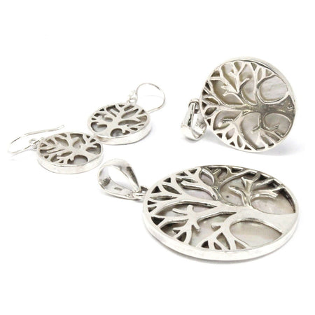 The Window, Milford Haven Tree of Life earrings and pendants in 925 sterling silver with mother-of-pearl inlay.