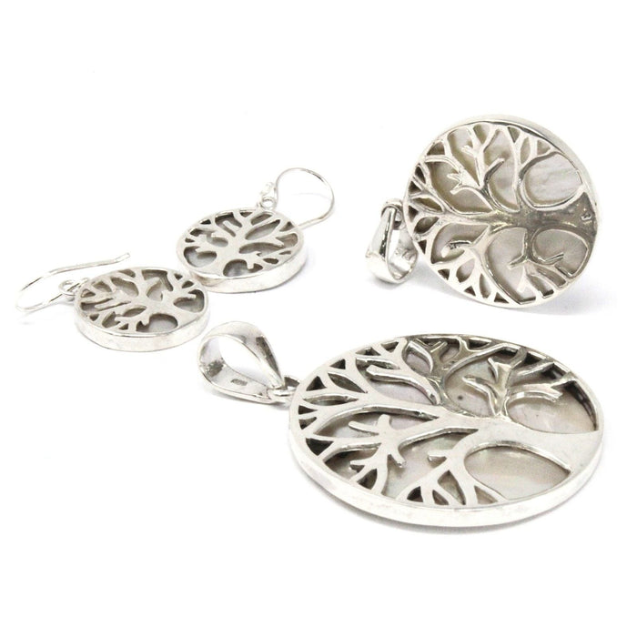 The Window, Milford Haven Tree of Life earrings and pendants in 925 sterling silver with mother-of-pearl inlay.
