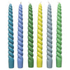 The Window, Milford Haven set of six twisted dinner candles in coastal blue, green, and yellow stearin wax.