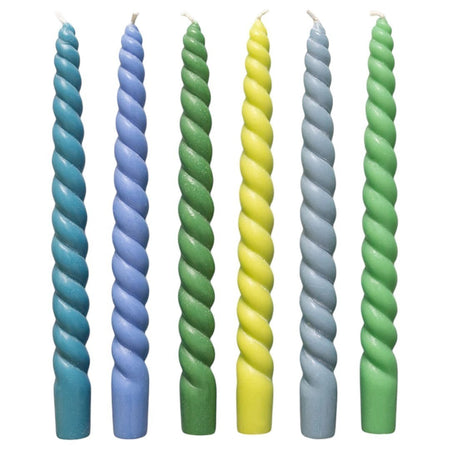 The Window, Milford Haven set of six twisted dinner candles in coastal blue, green, and yellow stearin wax.