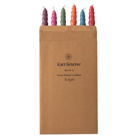 The Window, Milford Haven set of six multicoloured twisted dinner candles in Twilight shades inside a brown box.