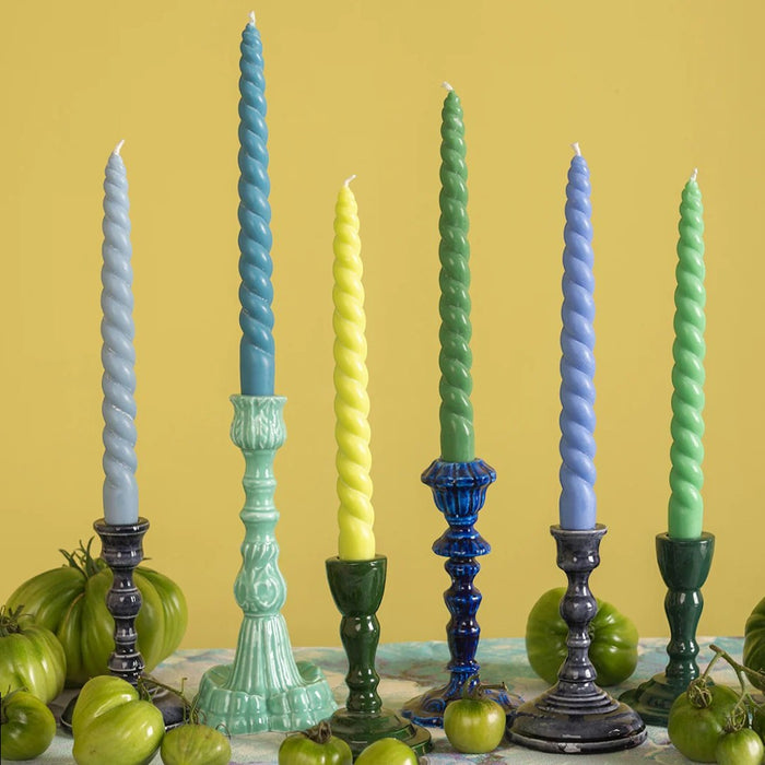 The Window, Milford Haven set of six twisted dinner candles in coastal colours made from sustainable stearin wax.