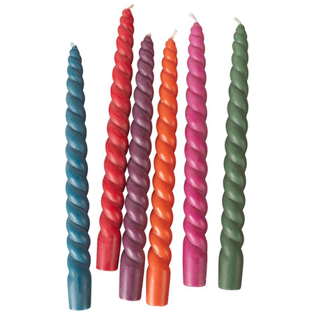 The Window, Milford Haven set of six multicoloured twisted dinner candles in rich twilight-inspired shades.
