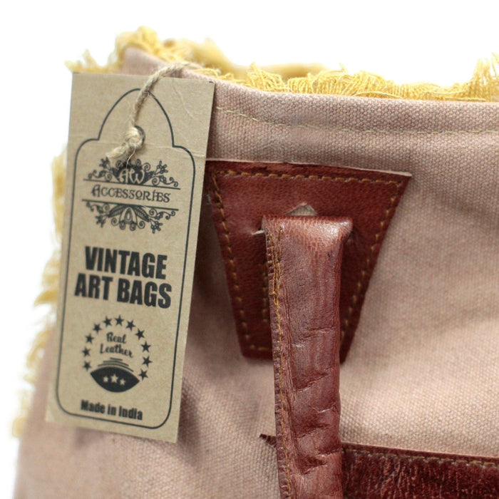 The Window, Milford Haven vintage cotton bag with brown leather handle and frayed edge detail